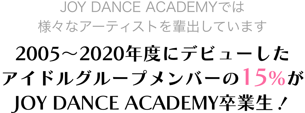 2005〜2020年度にデビューしたアイドルグループメンバーの15%がJOY DANCE ACADEMY卒業生！